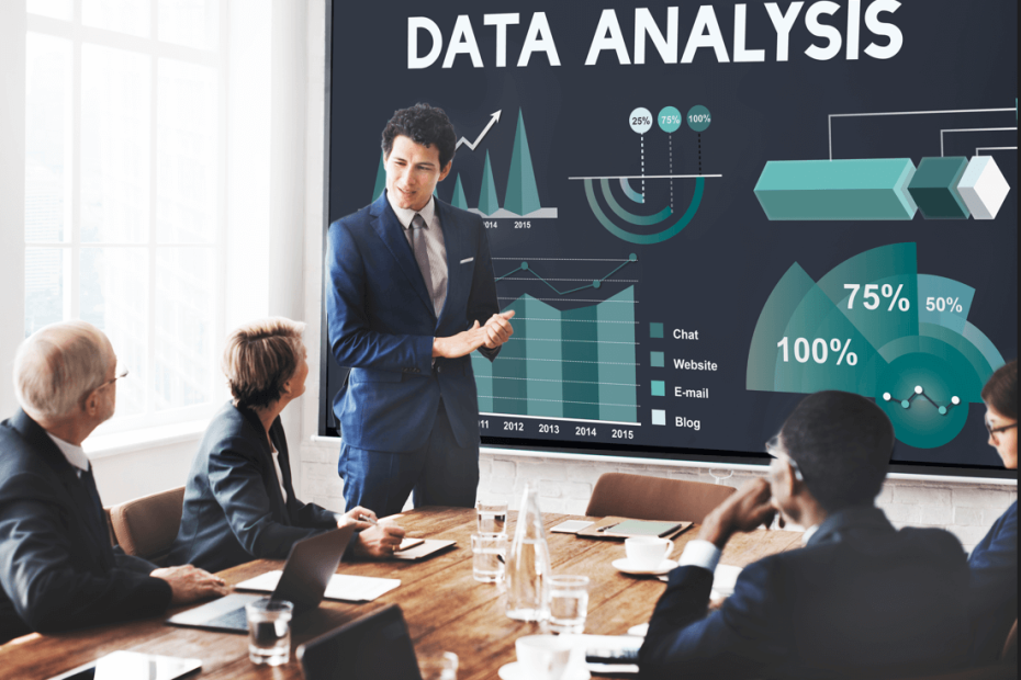 Team of marketers using sales data and analytics tools to implement data-driven strategies that increase revenue and improve performance.