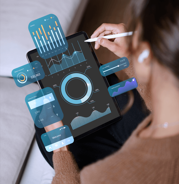 Business professionals using analytics tools and customer data to optimize marketing strategies and improve ROI through data-driven marketing.